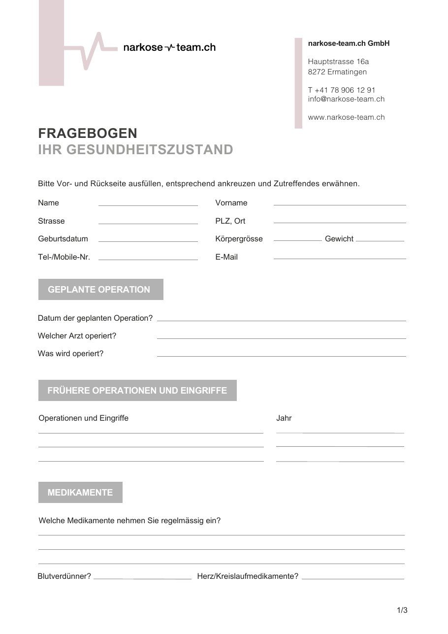 Erste Seite des Gesundheitsfragebogens von narkose-team.ch